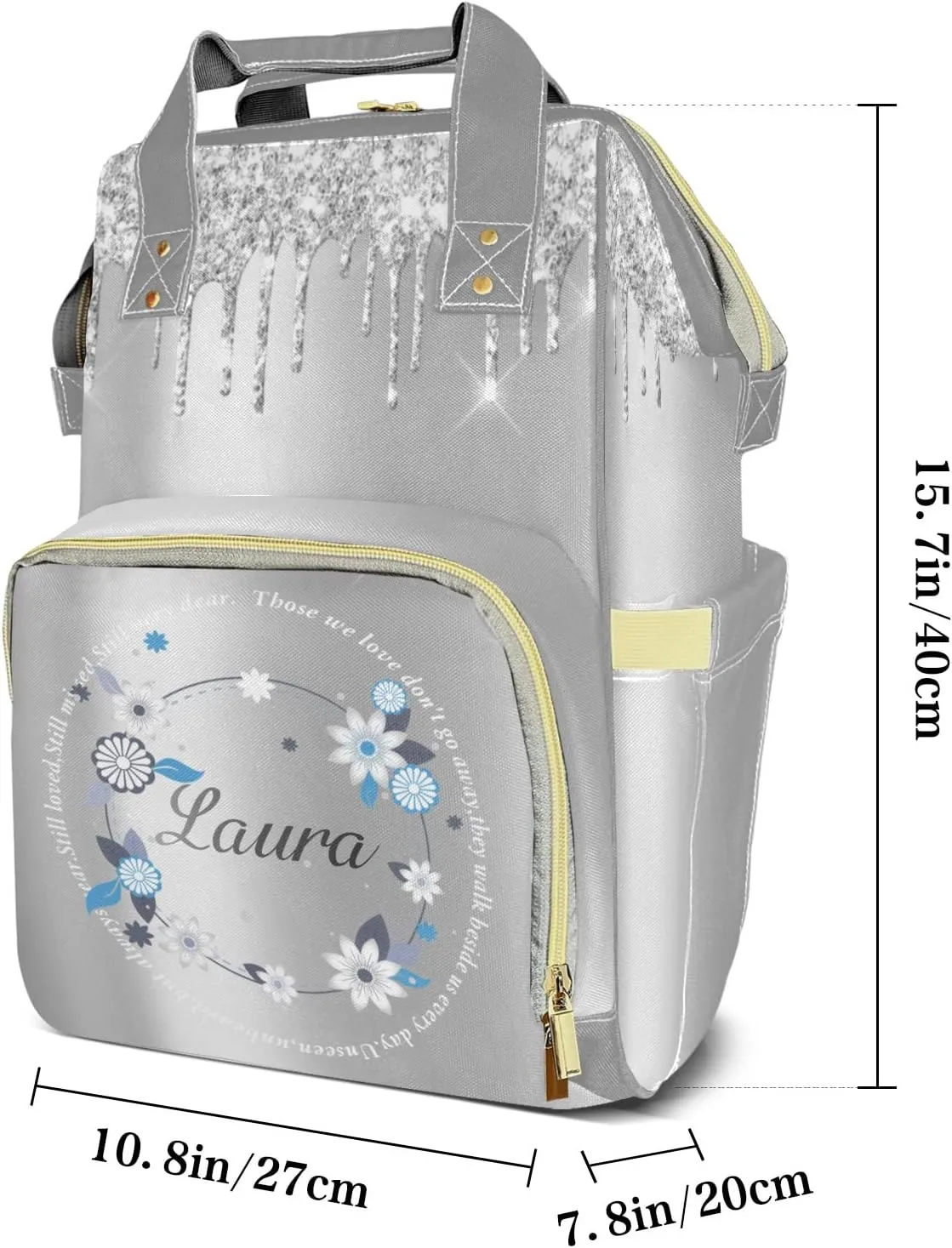 Print Silver Diaper Bags with Name Personalized Baby Bag Travel Tote Bag Waterproof Backpack for Mom Gift
