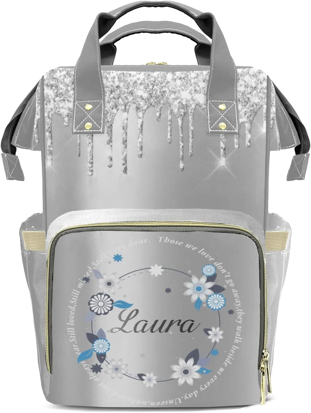 Print Silver Diaper Bags with Name Personalized Baby Bag Travel Tote Bag Waterproof Backpack for Mom Gift