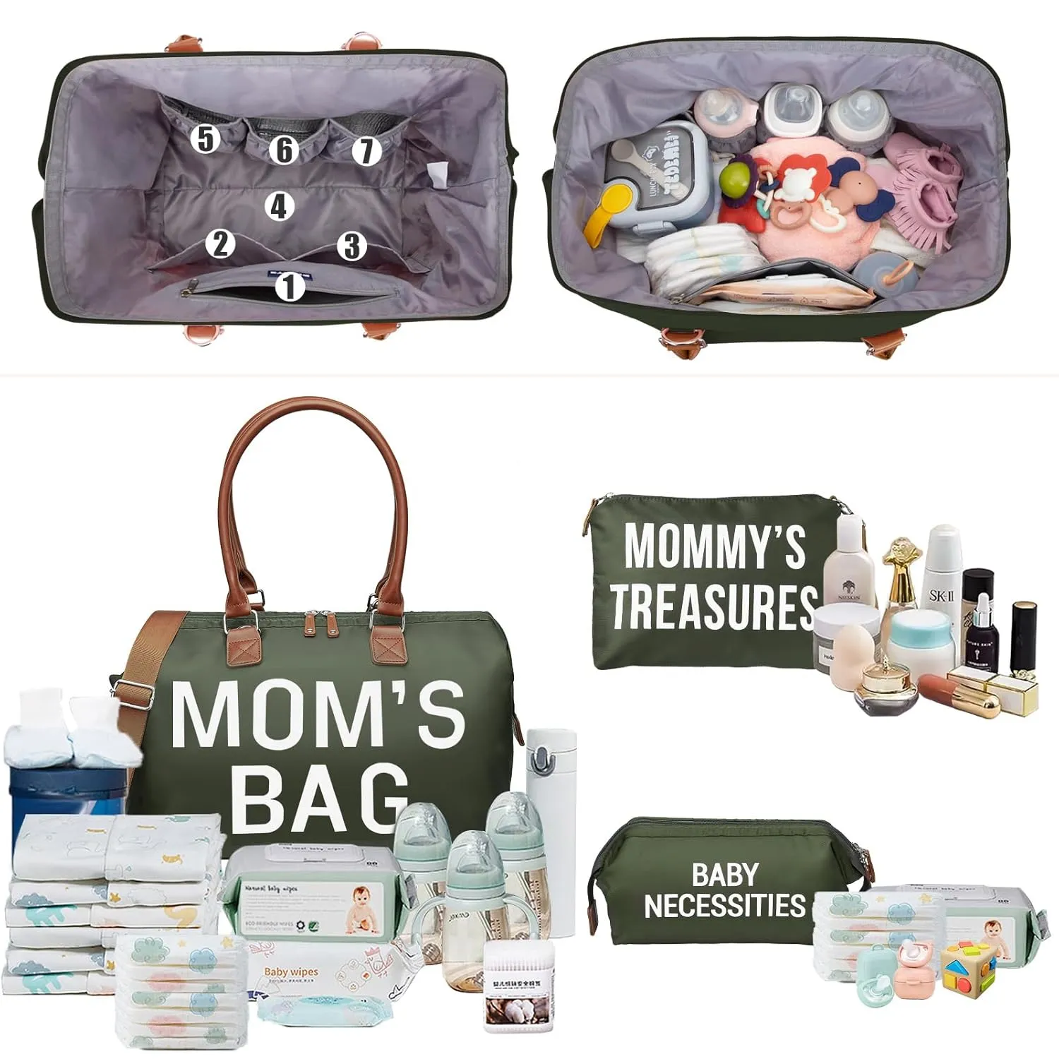 printe Mom's Bag, Hospital Bag for Labor and Delivery, Large Mommy Diaper Tote for Mom Overnight Travel, Waterproof Baby Handbag with Pouches and Straps, Olive Green
