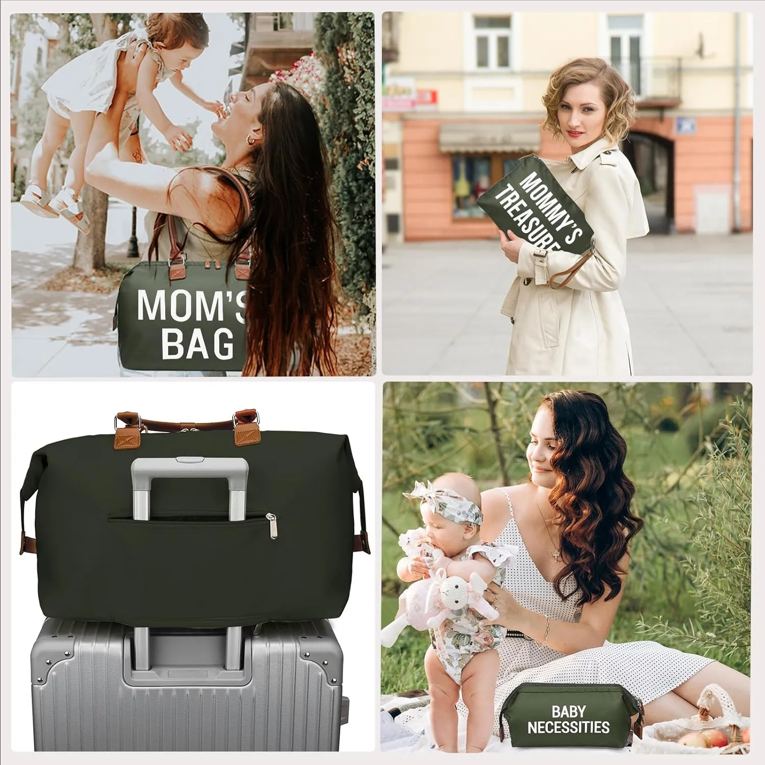 printe Mom's Bag, Hospital Bag for Labor and Delivery, Large Mommy Diaper Tote for Mom Overnight Travel, Waterproof Baby Handbag with Pouches and Straps, Olive Green