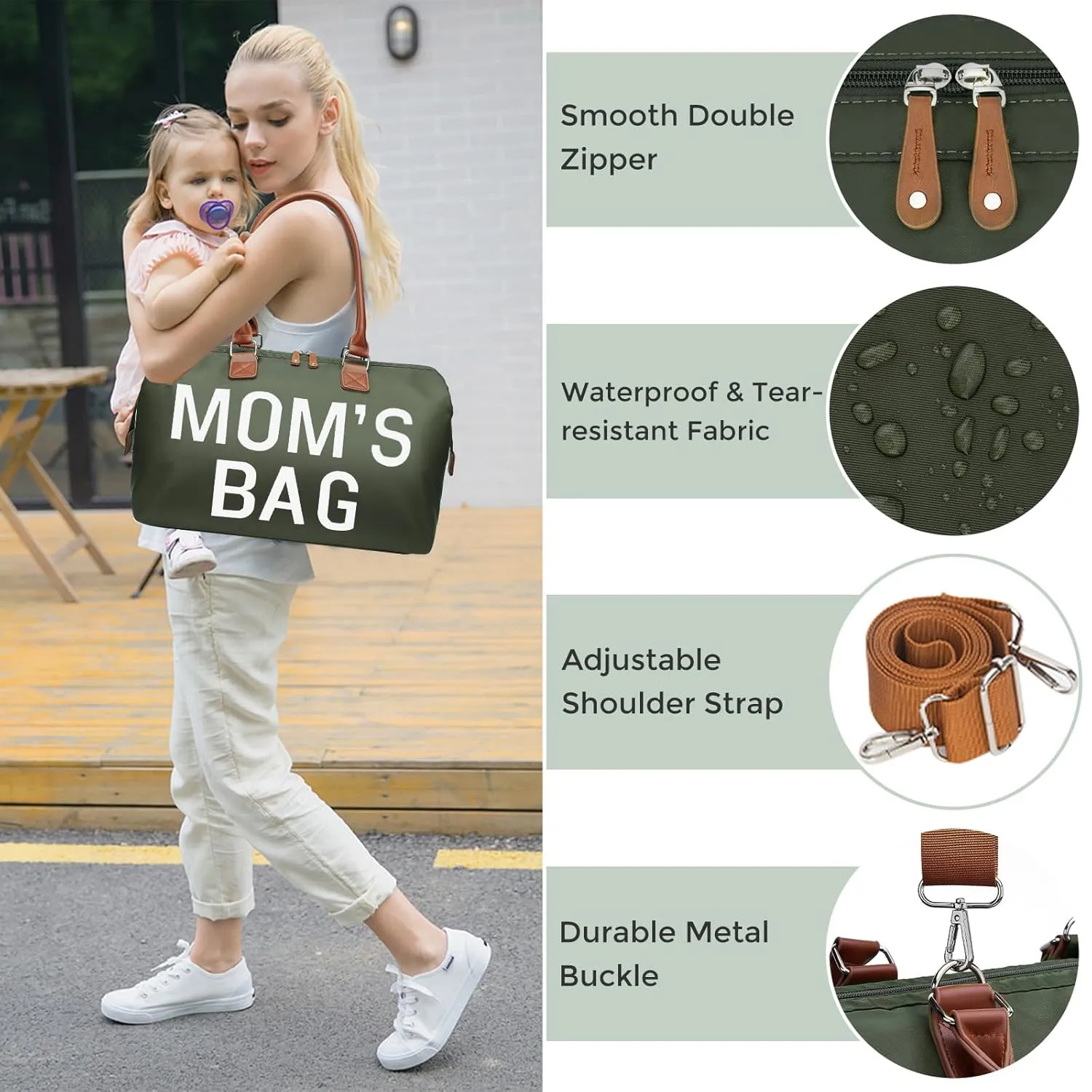 printe Mom's Bag, Hospital Bag for Labor and Delivery, Large Mommy Diaper Tote for Mom Overnight Travel, Waterproof Baby Handbag with Pouches and Straps, Olive Green