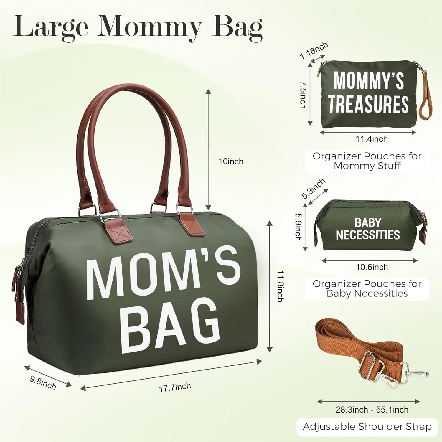 printe Mom's Bag, Hospital Bag for Labor and Delivery, Large Mommy Diaper Tote for Mom Overnight Travel, Waterproof Baby Handbag with Pouches and Straps, Olive Green