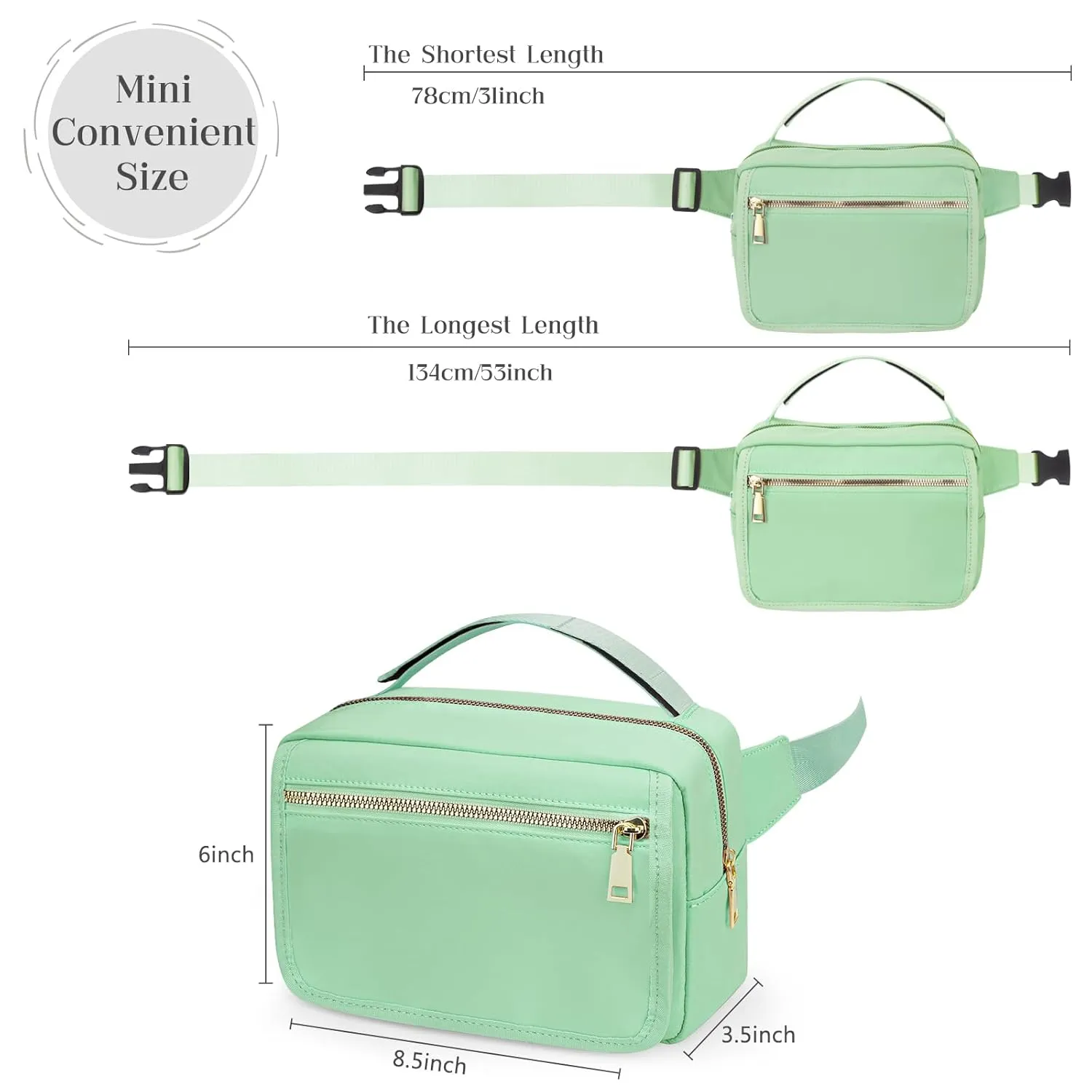 printe Small Diaper Bag with Portable Changing Pad, Crossbody Funny Bag Pack with Wipes Pocket, Women Waist Bag for Travel, Mint Green