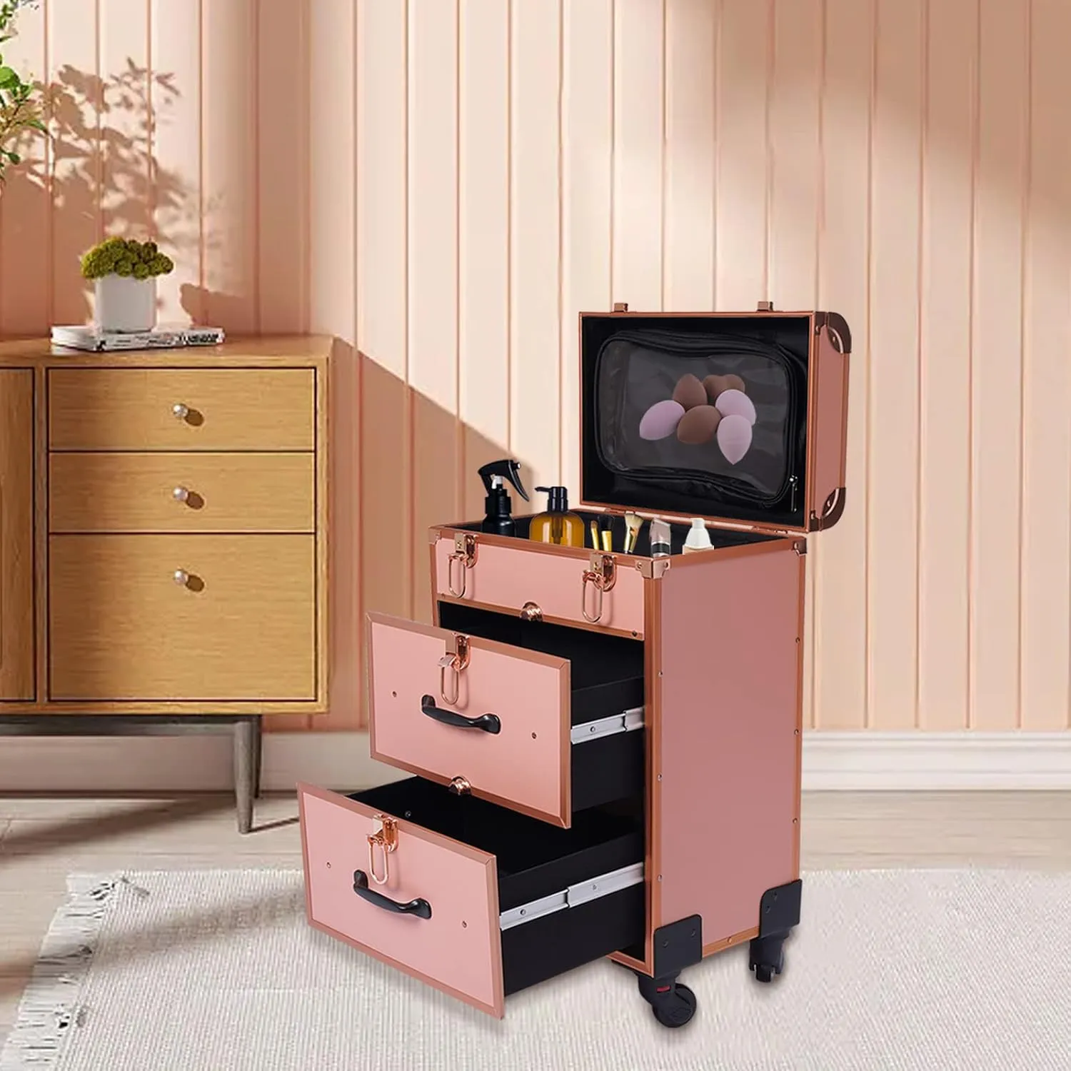 Professional Rolling Makeup Case with Locks - Large Cosmetic Trolley with Dividers & Drawers - Universal Wheels, Travel-Friendly Organizer (Gold)