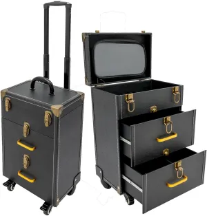 Professional Rolling Makeup Case with Wheels - Large Capacity Cosmetic Trolley Organizer for Artists, Lockable Design, 110lbs Capacity, Portable Makeup Suitcase for Travel & Home(Black, Bronze Color)