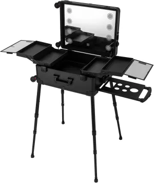 Professional Rolling Makeup Train Case, Cosmetology Case on Wheels, Cosmetic Rolling Case, 8 LEDs 3 Light Color 4 Gears Adjustable Height 15.35-33.46in, Practical Socket Charging Port