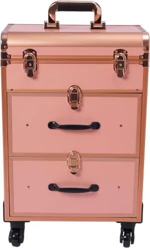 Professional Rolling Makeup Train Case with Drawers, Large Cosmetic Trolley with Locks, Cosmetics Storage Organizer with 4 Wheels for Travel Makeup/Nail Art/Hair Styling (Gold)