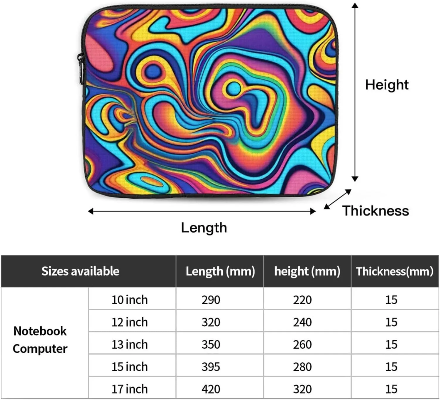 Psychedelic Colors Pattern Shockproof Portable Laptop 15 inch Sleeve Bag for Men and Women - Ideal for Business Travel, School, and Daily Use