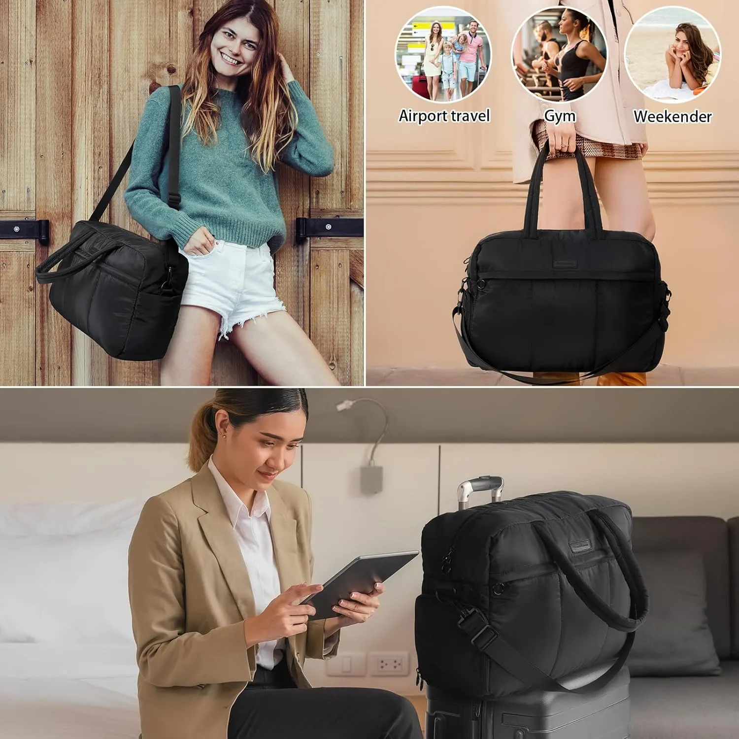 Puffy Duffle Bag, Waterproof Carry On Sport Gym Bags, Soft Travel Bag, Weekender Overnight Bag for Women