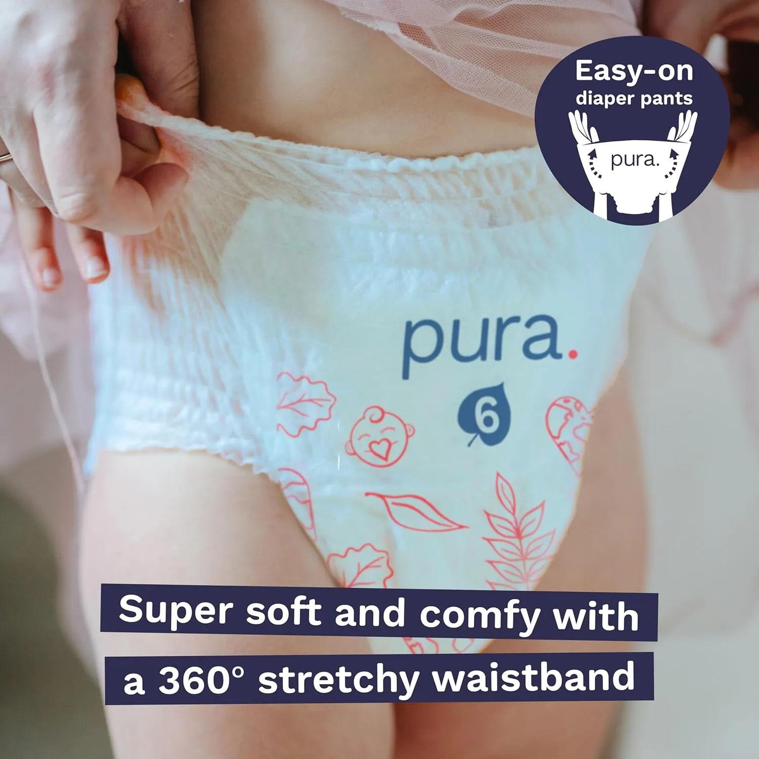 Pura Hypoallergenic Diaper Pants Size 6 (33  lbs) Overnight, up to 12 Hours Leak Protection, Suitable for Sensitive Skin, Totally Chlorine Free, Soft Organic Cotton, 3 Packs of 17 (51 Pull Up Pants)