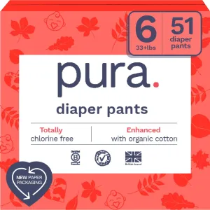 Pura Hypoallergenic Diaper Pants Size 6 (33  lbs) Overnight, up to 12 Hours Leak Protection, Suitable for Sensitive Skin, Totally Chlorine Free, Soft Organic Cotton, 3 Packs of 17 (51 Pull Up Pants)