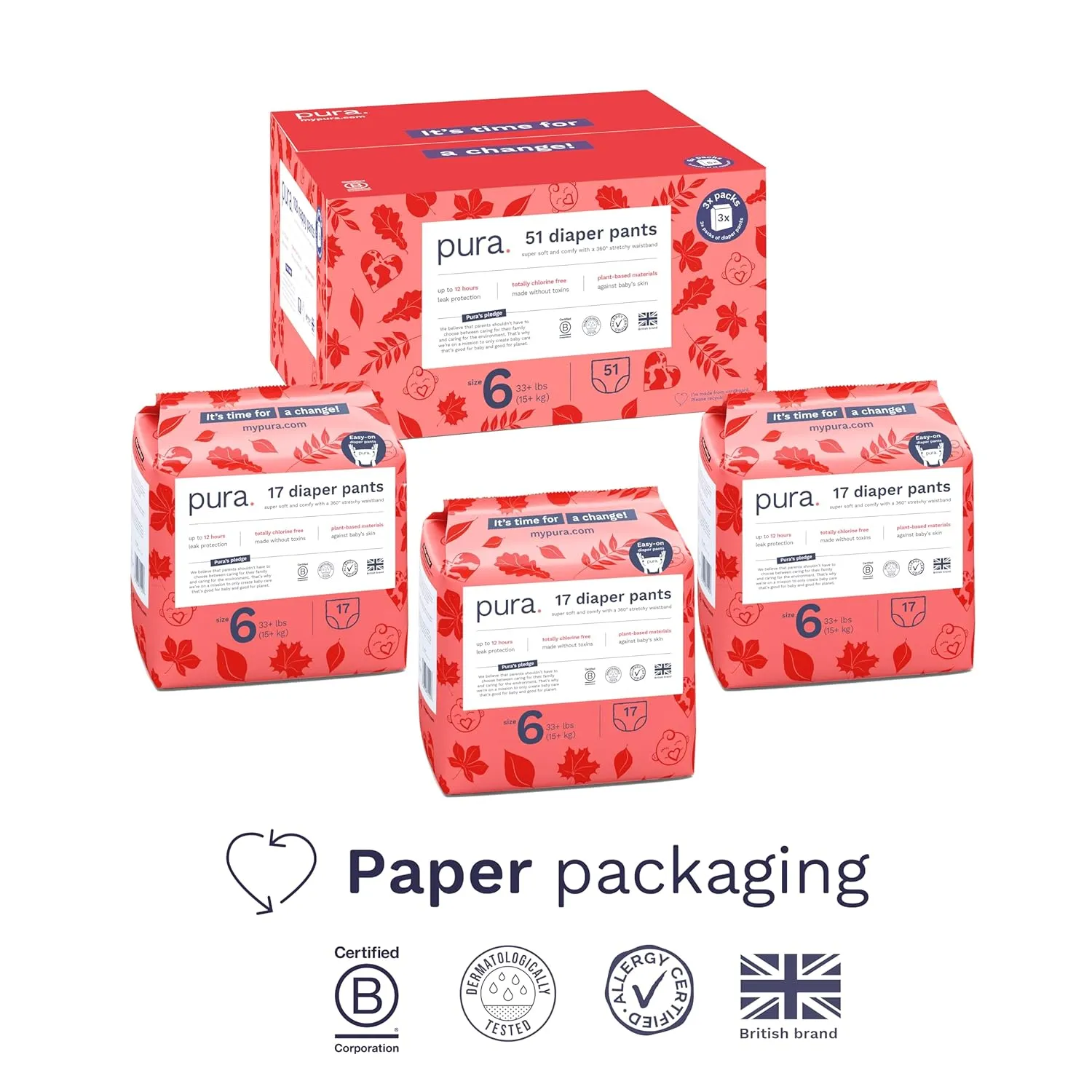 Pura Hypoallergenic Diaper Pants Size 6 (33  lbs) Overnight, up to 12 Hours Leak Protection, Suitable for Sensitive Skin, Totally Chlorine Free, Soft Organic Cotton, 3 Packs of 17 (51 Pull Up Pants)