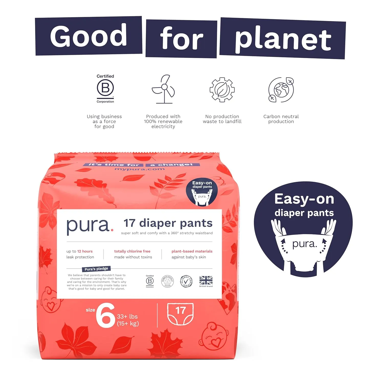 Pura Hypoallergenic Diaper Pants Size 6 (33  lbs) Overnight, up to 12 Hours Leak Protection, Suitable for Sensitive Skin, Totally Chlorine Free, Soft Organic Cotton, 3 Packs of 17 (51 Pull Up Pants)