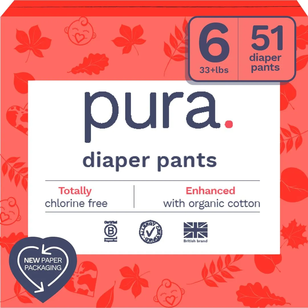 Pura Hypoallergenic Diaper Pants Size 6 (33  lbs) Overnight, up to 12 Hours Leak Protection, Suitable for Sensitive Skin, Totally Chlorine Free, Soft Organic Cotton, 3 Packs of 17 (51 Pull Up Pants)
