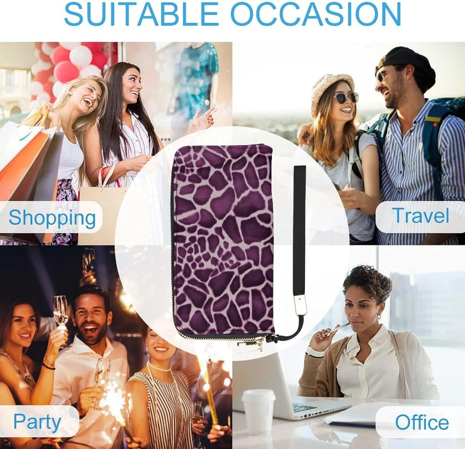 Purple Animal Giraffe Skin Women's Leather Long Large Capacity Wallet Clutch Wallet with Hand Strap, 20x10.5cm, style-33