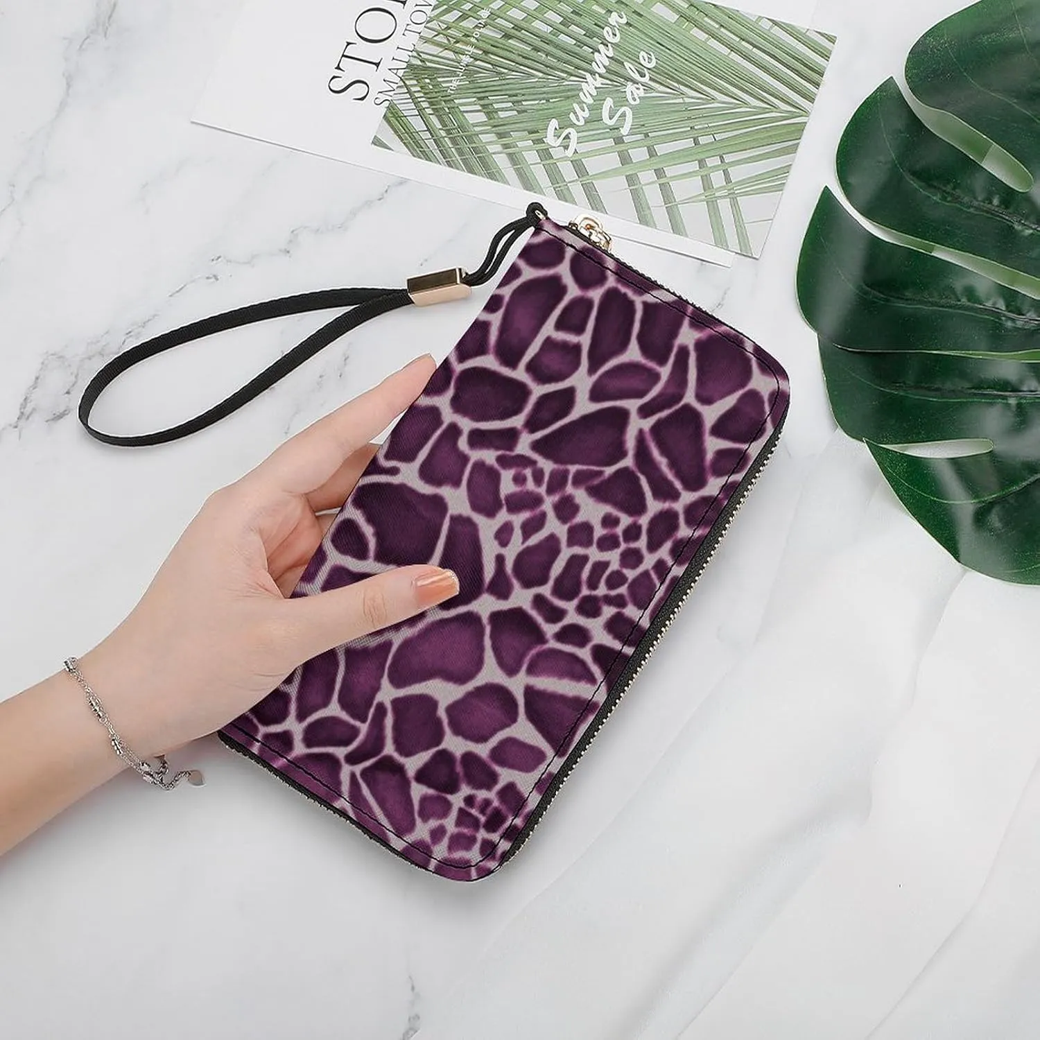 Purple Animal Giraffe Skin Women's Leather Long Large Capacity Wallet Clutch Wallet with Hand Strap, 20x10.5cm, style-33