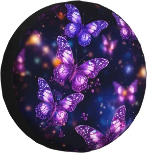 Purple Cute Butterfly Print Tire Cover Outdoor Waterproof Snow Sun Rain Wheel Cover Portable Wheel Bags Camper Spare Tire Cover Universal Car Tire Protectors for Trailer RV SUV
