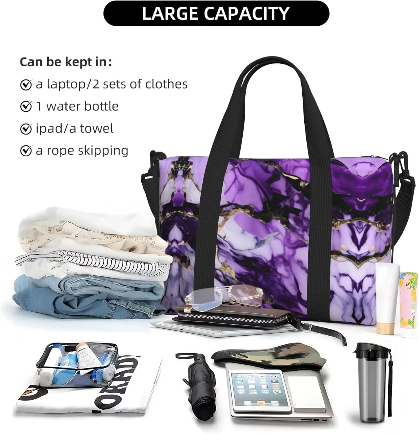 Purple Marble Travel Bags, Weekender Carry On For Women, Sports Gym Bag, Workout Duffel Bag,Overnight