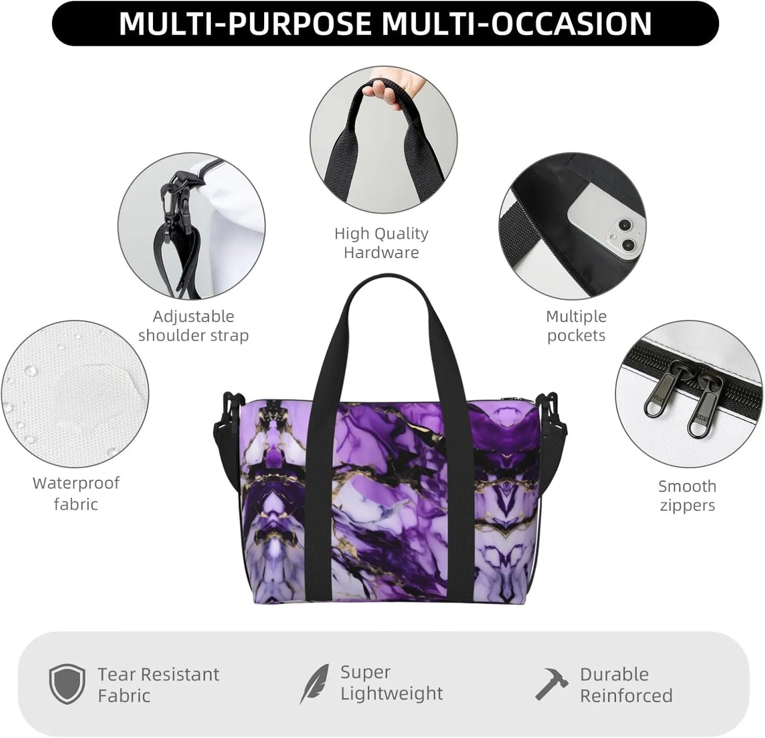 Purple Marble Travel Bags, Weekender Carry On For Women, Sports Gym Bag, Workout Duffel Bag,Overnight