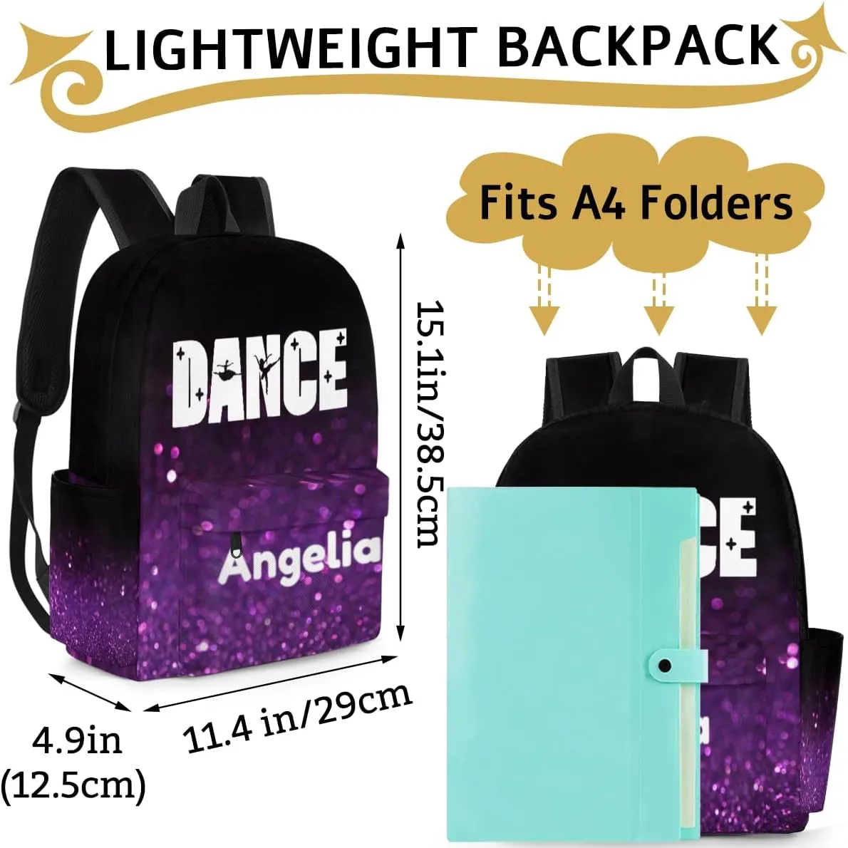 Purple Shiny Dance Customized Kids Backpack for Girls Ballet Personalized Preschool Toddler Backpack Kindergarten Nursery Bookbag Travel Children School Bag