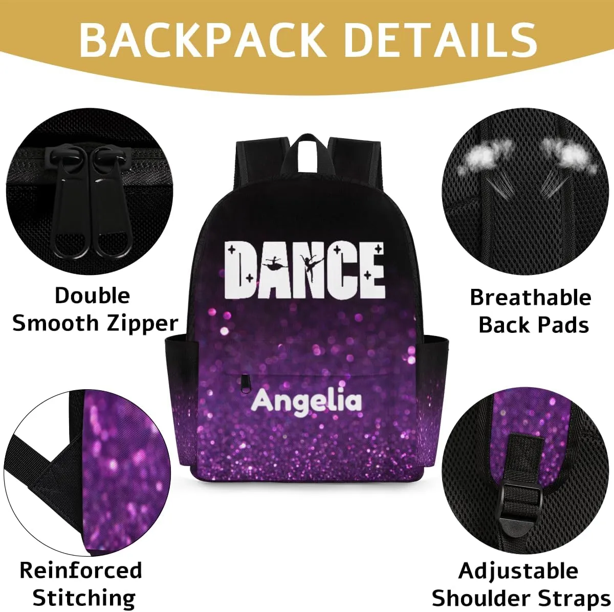 Purple Shiny Dance Customized Kids Backpack for Girls Ballet Personalized Preschool Toddler Backpack Kindergarten Nursery Bookbag Travel Children School Bag