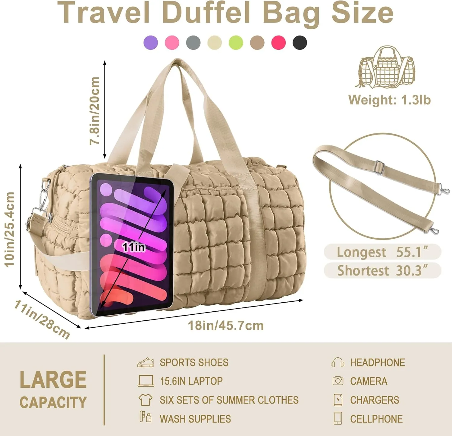 Quilted Gym Bag Duffle for Women,Duffle Bag for Travel with Shoes Compartment,Puffer Weekender Bags Overnight Carry On Duffel Bag with Trolley Sleeve,Personal Item Bag Sports Duffel Dance Bag(Khaki)