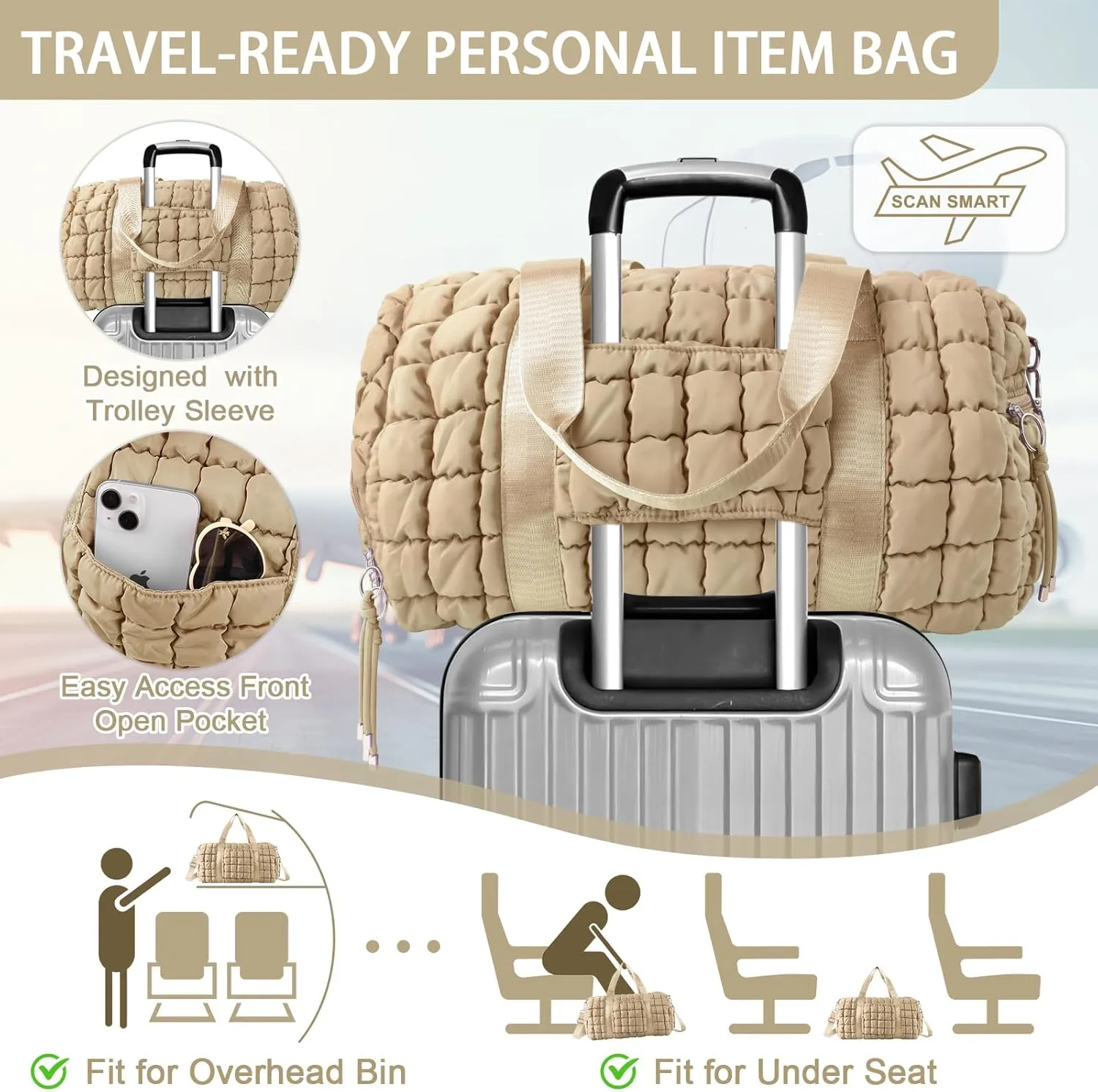 Quilted Gym Bag Duffle for Women,Duffle Bag for Travel with Shoes Compartment,Puffer Weekender Bags Overnight Carry On Duffel Bag with Trolley Sleeve,Personal Item Bag Sports Duffel Dance Bag(Khaki)