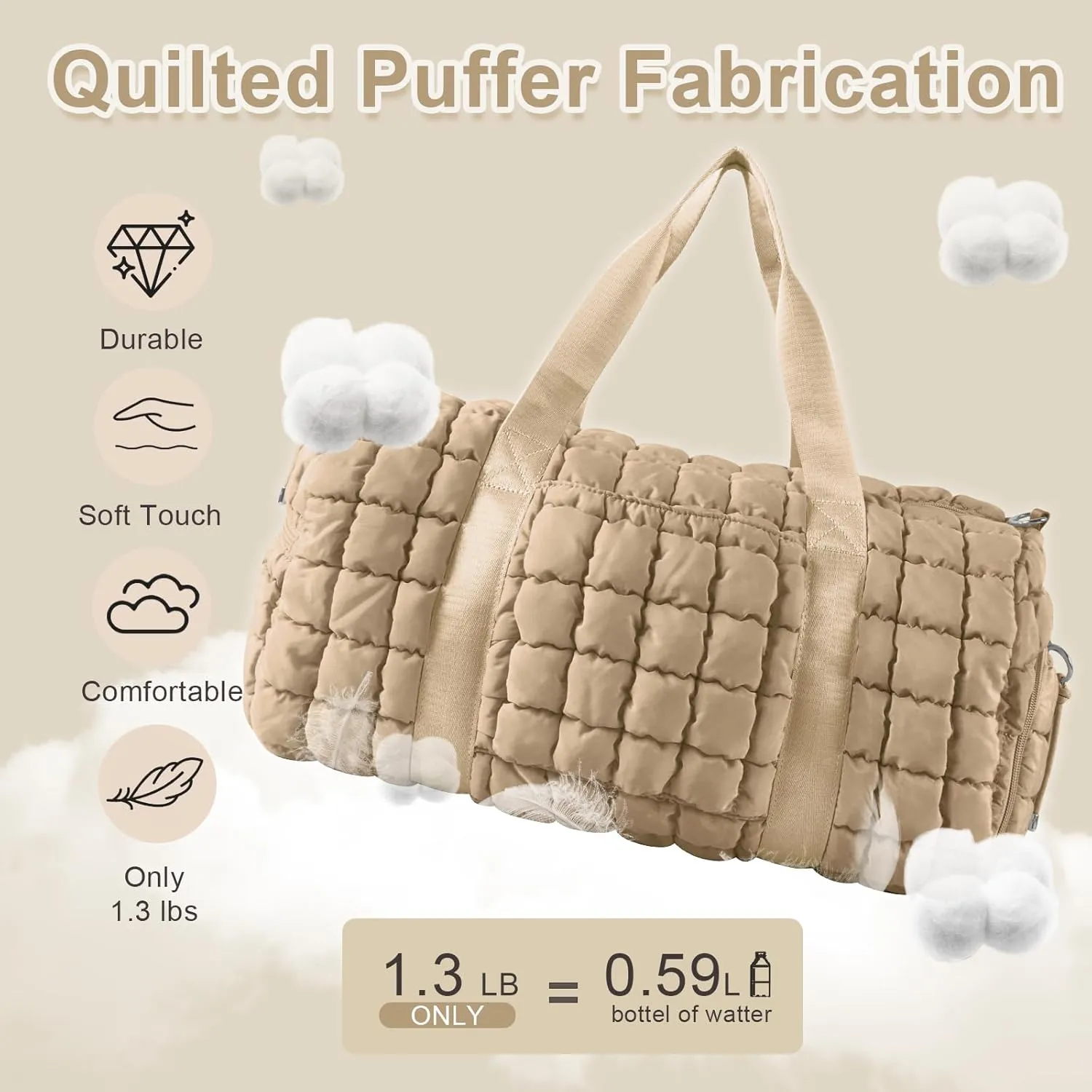 Quilted Gym Bag Duffle for Women,Duffle Bag for Travel with Shoes Compartment,Puffer Weekender Bags Overnight Carry On Duffel Bag with Trolley Sleeve,Personal Item Bag Sports Duffel Dance Bag(Khaki)