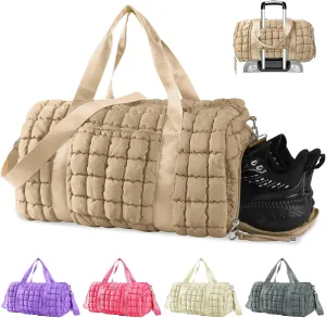 Quilted Gym Bag Duffle for Women,Duffle Bag for Travel with Shoes Compartment,Puffer Weekender Bags Overnight Carry On Duffel Bag with Trolley Sleeve,Personal Item Bag Sports Duffel Dance Bag(Khaki)