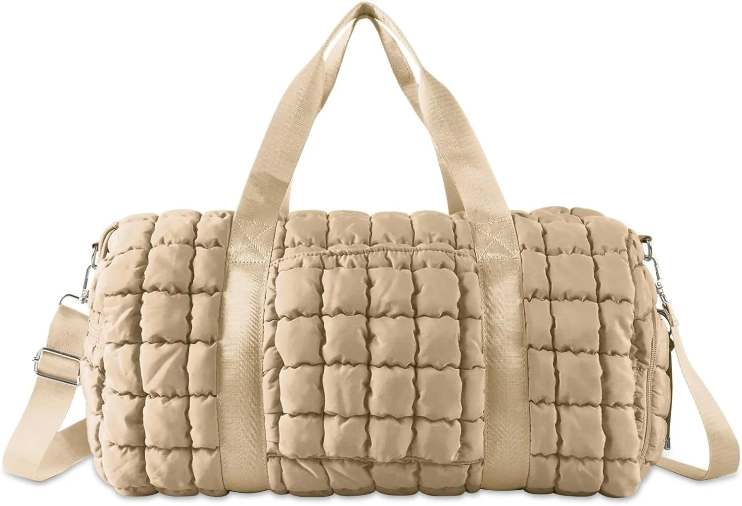 Quilted Gym Bag Duffle for Women,Duffle Bag for Travel with Shoes Compartment,Puffer Weekender Bags Overnight Carry On Duffel Bag with Trolley Sleeve,Personal Item Bag Sports Duffel Dance Bag(Khaki)