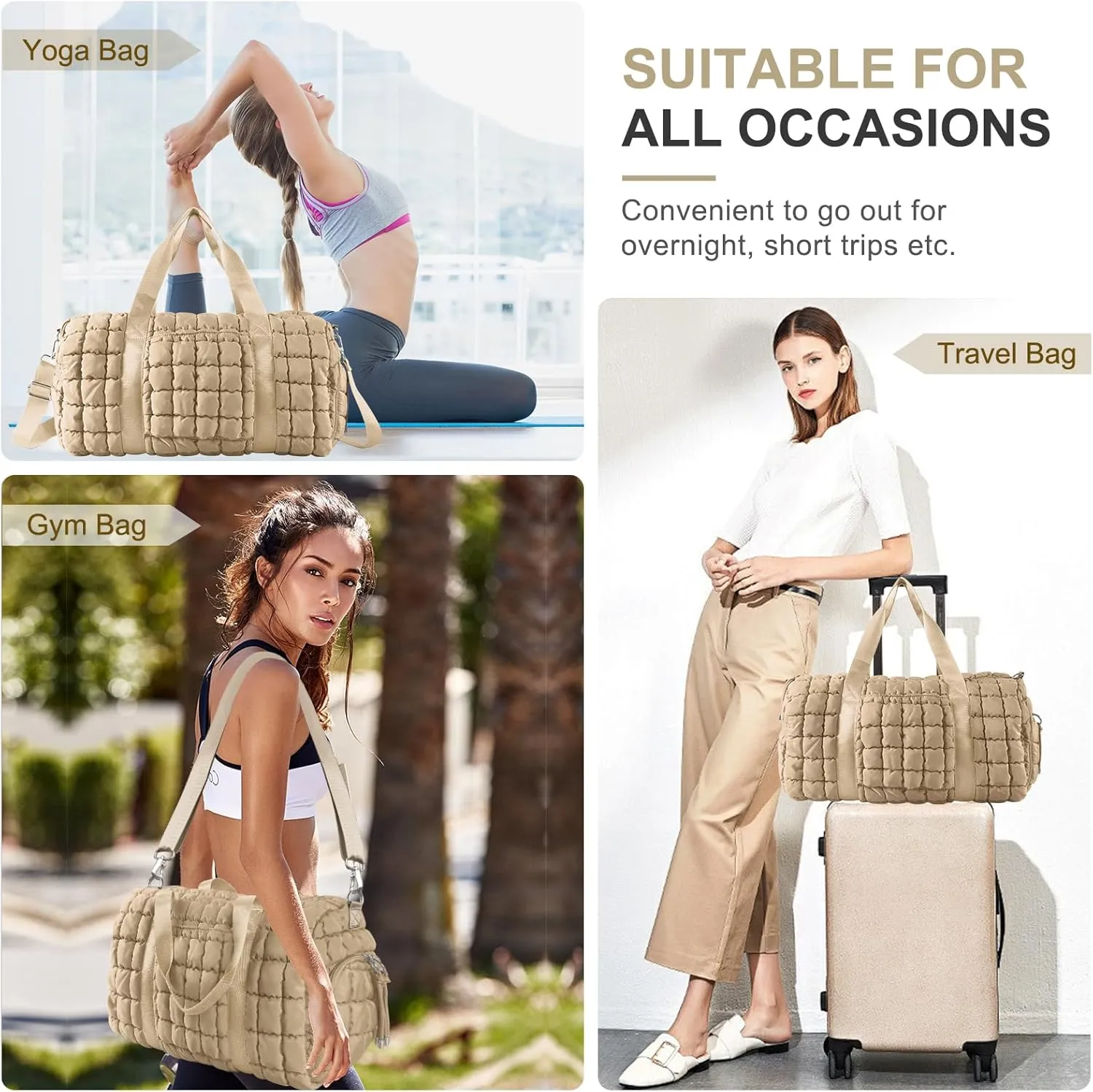 Quilted Gym Bag Duffle for Women,Duffle Bag for Travel with Shoes Compartment,Puffer Weekender Bags Overnight Carry On Duffel Bag with Trolley Sleeve,Personal Item Bag Sports Duffel Dance Bag(Khaki)