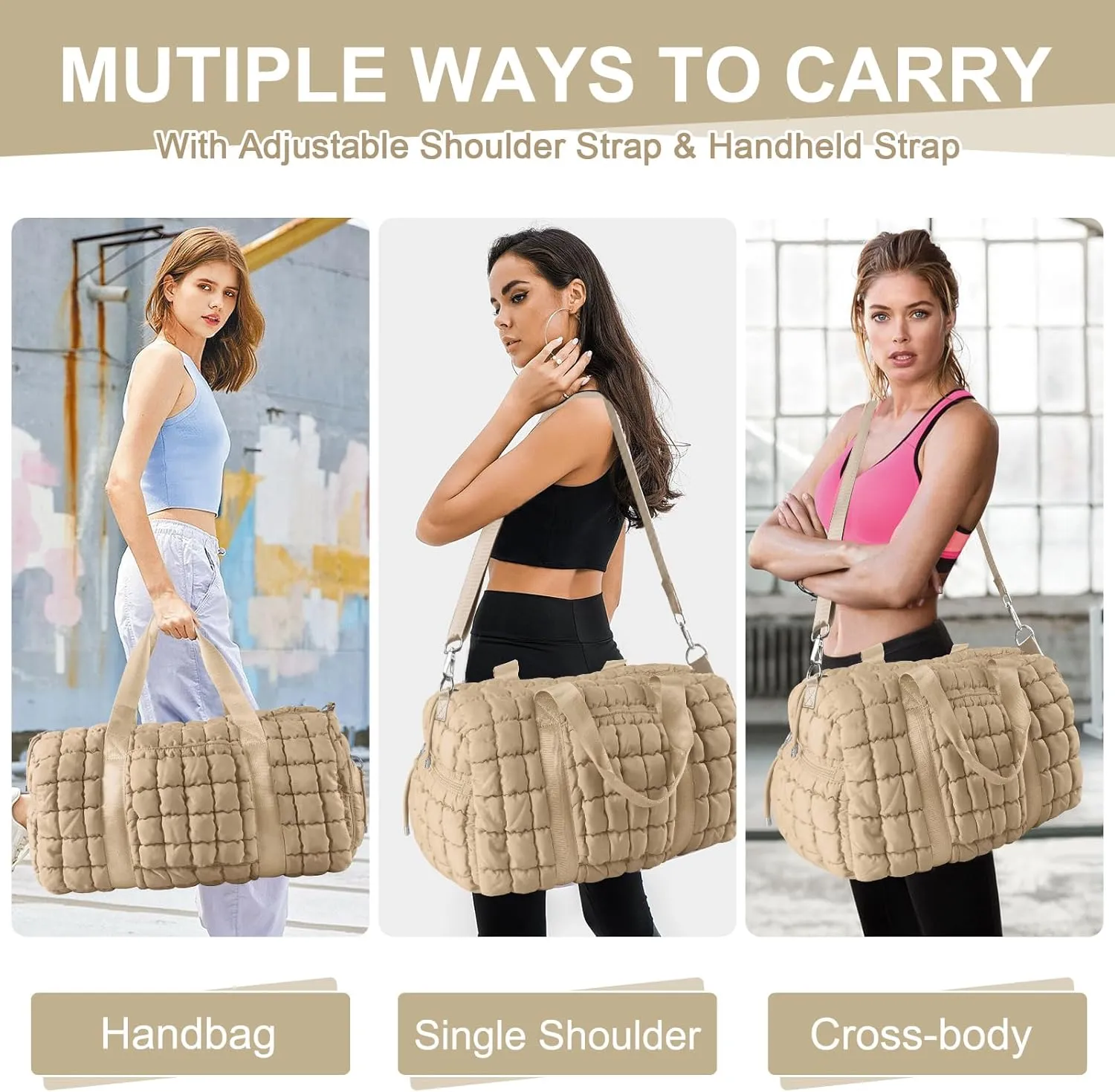 Quilted Gym Bag Duffle for Women,Duffle Bag for Travel with Shoes Compartment,Puffer Weekender Bags Overnight Carry On Duffel Bag with Trolley Sleeve,Personal Item Bag Sports Duffel Dance Bag(Khaki)