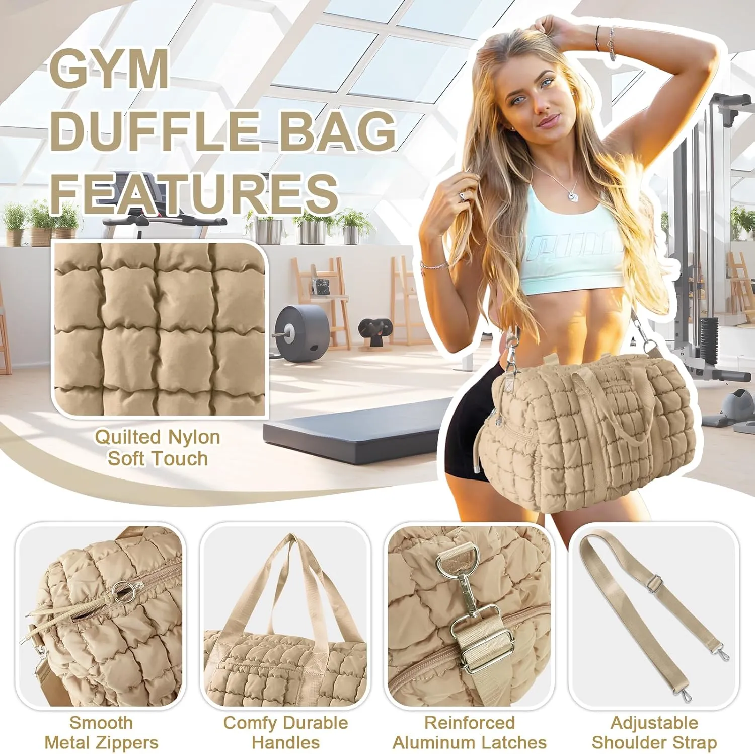 Quilted Gym Bag Duffle for Women,Duffle Bag for Travel with Shoes Compartment,Puffer Weekender Bags Overnight Carry On Duffel Bag with Trolley Sleeve,Personal Item Bag Sports Duffel Dance Bag(Khaki)