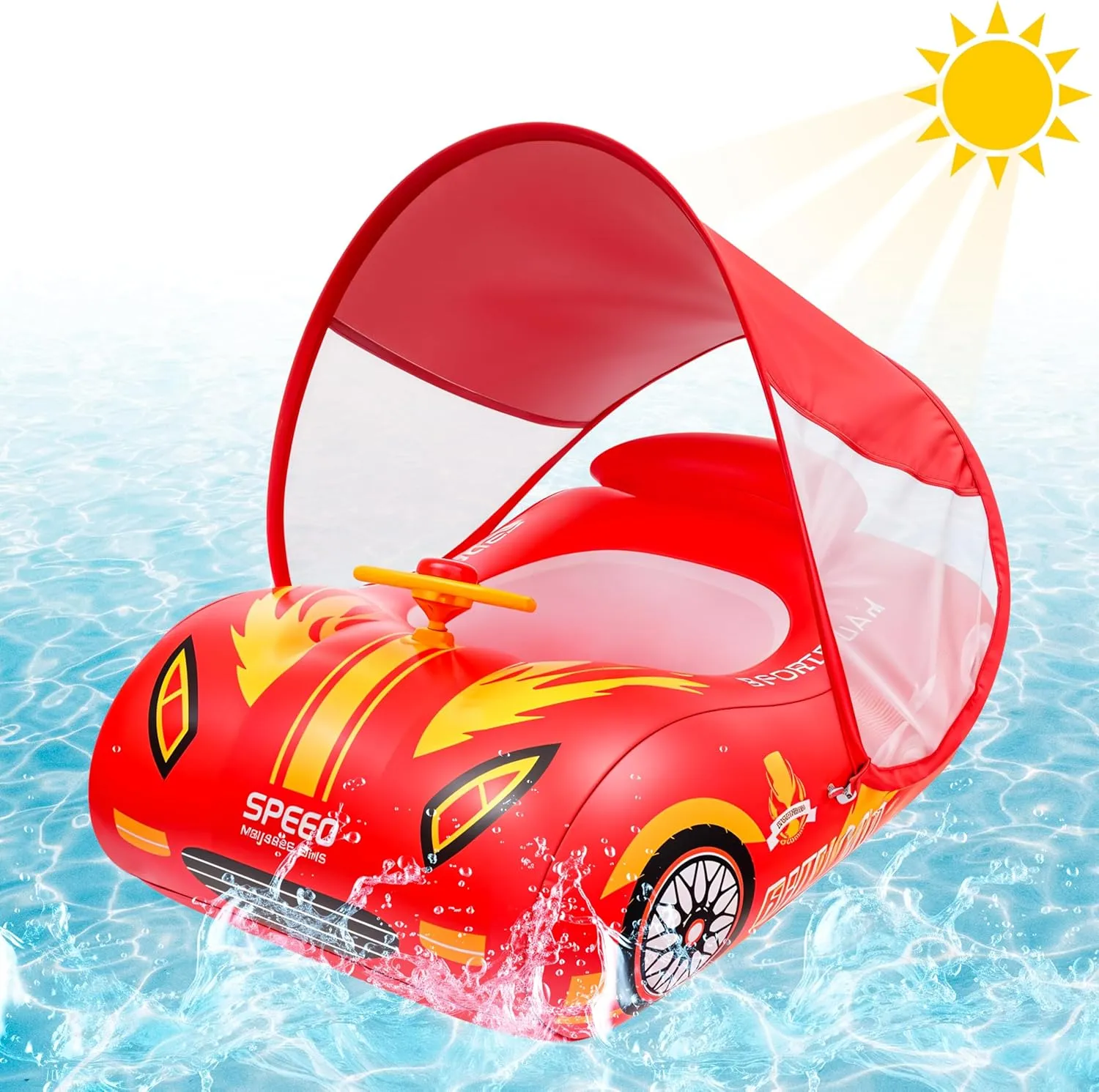 Race Car Baby Pool Float with Retractable Canopy - Inflatable 3D Racing Car Swim Float Thick PVC Baby Floatie with Steering Wheel Horn Summer Water Fun for Kids Age 1-4