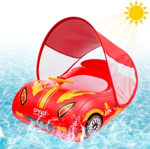 Race Car Baby Pool Float with Retractable Canopy - Inflatable 3D Racing Car Swim Float Thick PVC Baby Floatie with Steering Wheel Horn Summer Water Fun for Kids Age 1-4