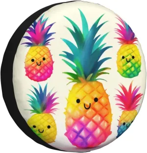 Rainbow Pineapple Cartoon Tire Cover Outdoor Waterproof Snow Sun Rain Wheel Cover Portable Wheel Bags Camper Spare Tire Cover Universal Car Tire Protectors for Trailer RV SUV