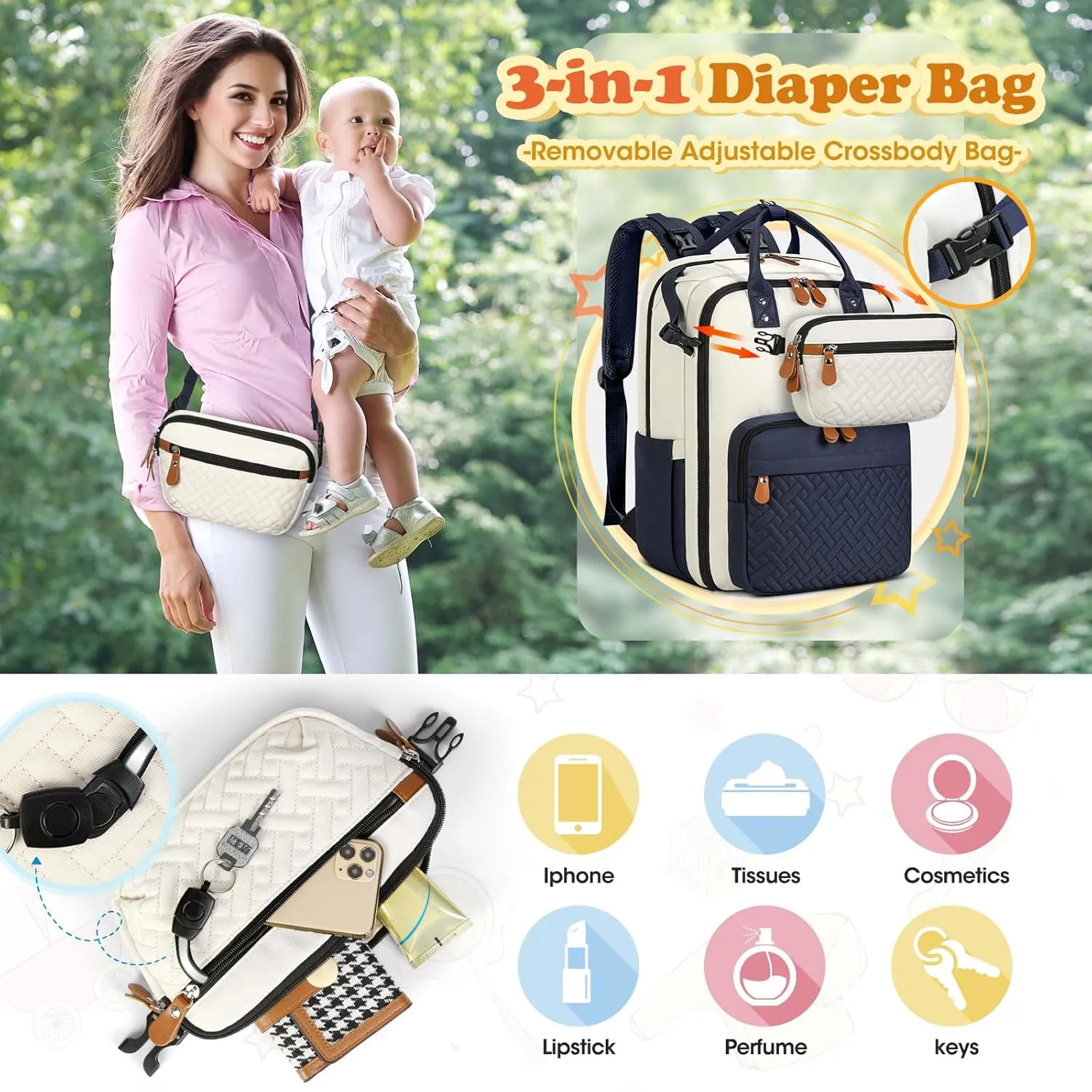 RAINSMORE Diaper Bag Backpack, Large Waterproof Baby Bag with Changing Pad, Detachable Crossbody Bag & Stroller Straps Travel Diaper Backpack for Moms Dads Unisex Baby Essentials Organizer