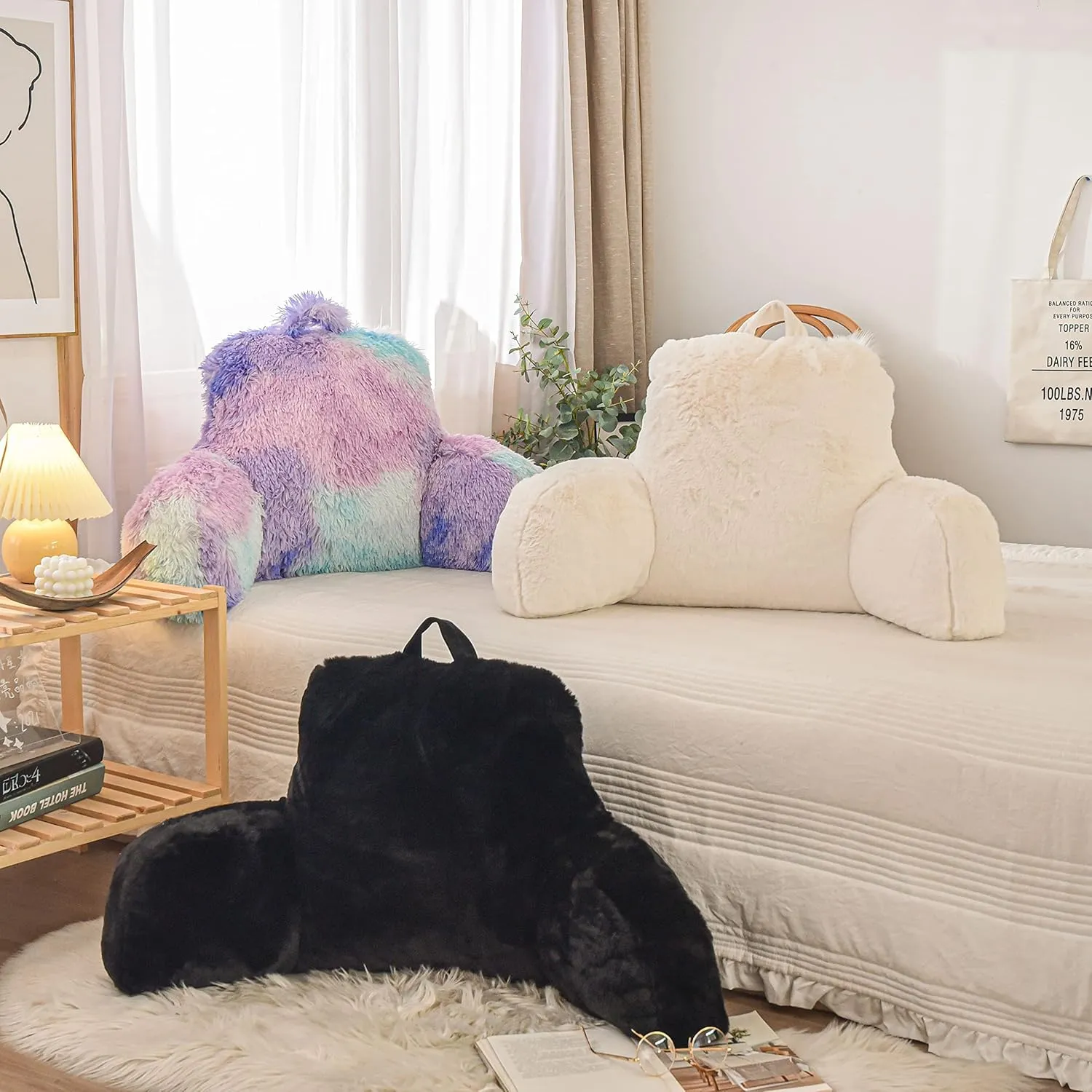 Reading Pillow Large Bed Rest Pillow with Arms Rabbit Fur for Adults Teens Bed Back Incline Rest Sitting up in Bed Sleeping Snoring Neck Pregnancy Lumbar Back Support Pillow (Black, Large)