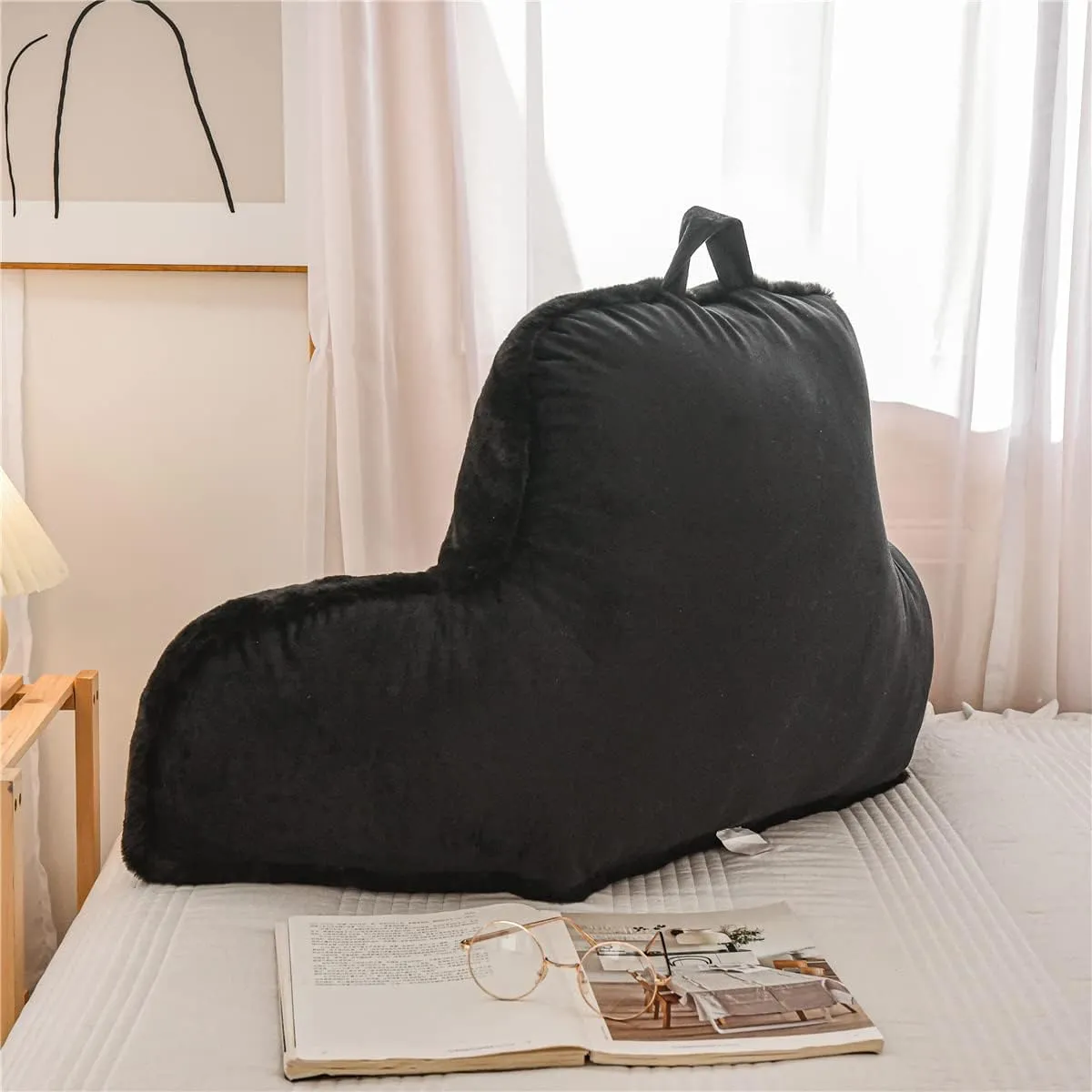 Reading Pillow Large Bed Rest Pillow with Arms Rabbit Fur for Adults Teens Bed Back Incline Rest Sitting up in Bed Sleeping Snoring Neck Pregnancy Lumbar Back Support Pillow (Black, Large)