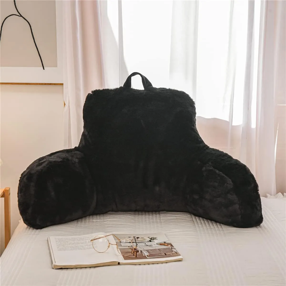 Reading Pillow Large Bed Rest Pillow with Arms Rabbit Fur for Adults Teens Bed Back Incline Rest Sitting up in Bed Sleeping Snoring Neck Pregnancy Lumbar Back Support Pillow (Black, Large)