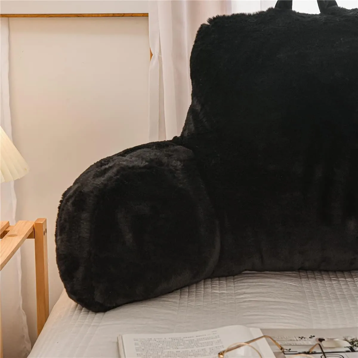 Reading Pillow Large Bed Rest Pillow with Arms Rabbit Fur for Adults Teens Bed Back Incline Rest Sitting up in Bed Sleeping Snoring Neck Pregnancy Lumbar Back Support Pillow (Black, Large)