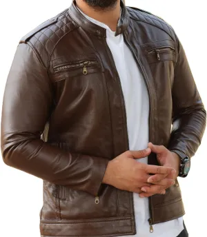 Real Lambskin Handmade Mens Leather Jackets - Quilted Cafe Racer Zip Up Moto Style Leather Jacket Men
