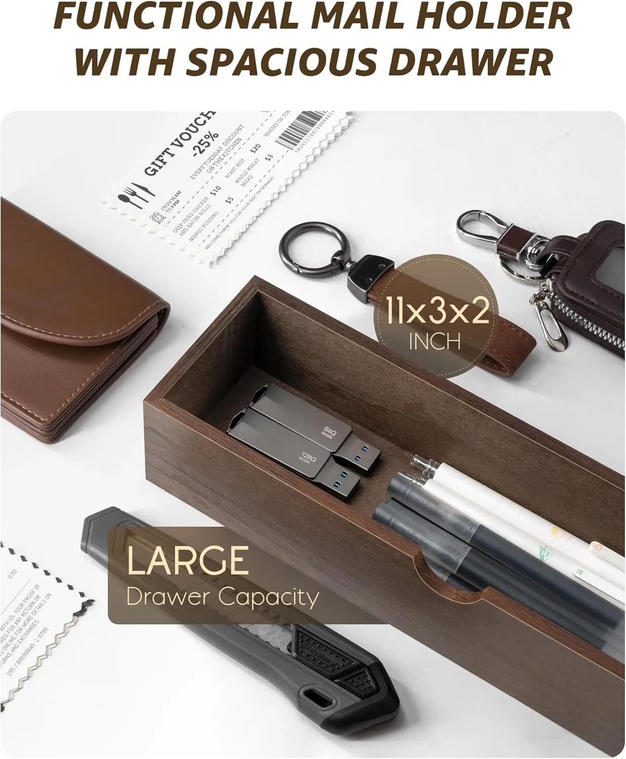 Rebee Vision Farmhouse Wood Mail Organizer Wall Mount - Key and Mail Holder for Wall with Storage Drawer and 7 Key Hooks - Rustic Home Decor for Entryway, Office and Garage (Retro Brown)