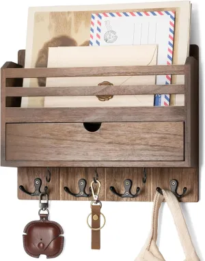 Rebee Vision Farmhouse Wood Mail Organizer Wall Mount - Key and Mail Holder for Wall with Storage Drawer and 7 Key Hooks - Rustic Home Decor for Entryway, Office and Garage (Retro Brown)