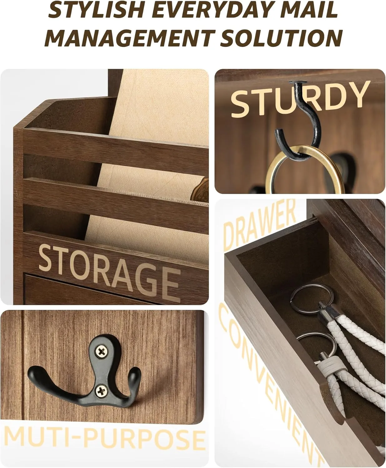 Rebee Vision Farmhouse Wood Mail Organizer Wall Mount - Key and Mail Holder for Wall with Storage Drawer and 7 Key Hooks - Rustic Home Decor for Entryway, Office and Garage (Retro Brown)