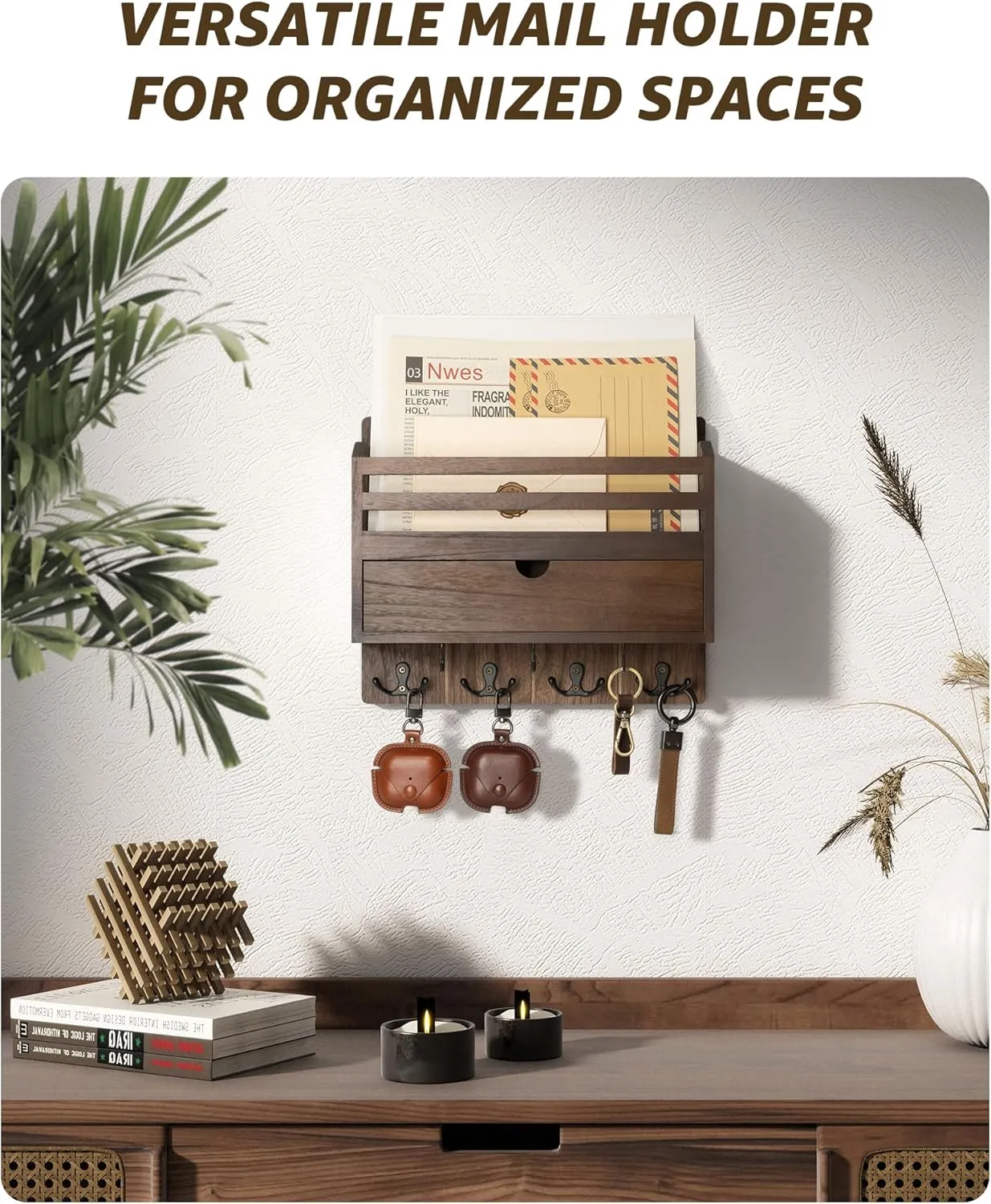 Rebee Vision Farmhouse Wood Mail Organizer Wall Mount - Key and Mail Holder for Wall with Storage Drawer and 7 Key Hooks - Rustic Home Decor for Entryway, Office and Garage (Retro Brown)