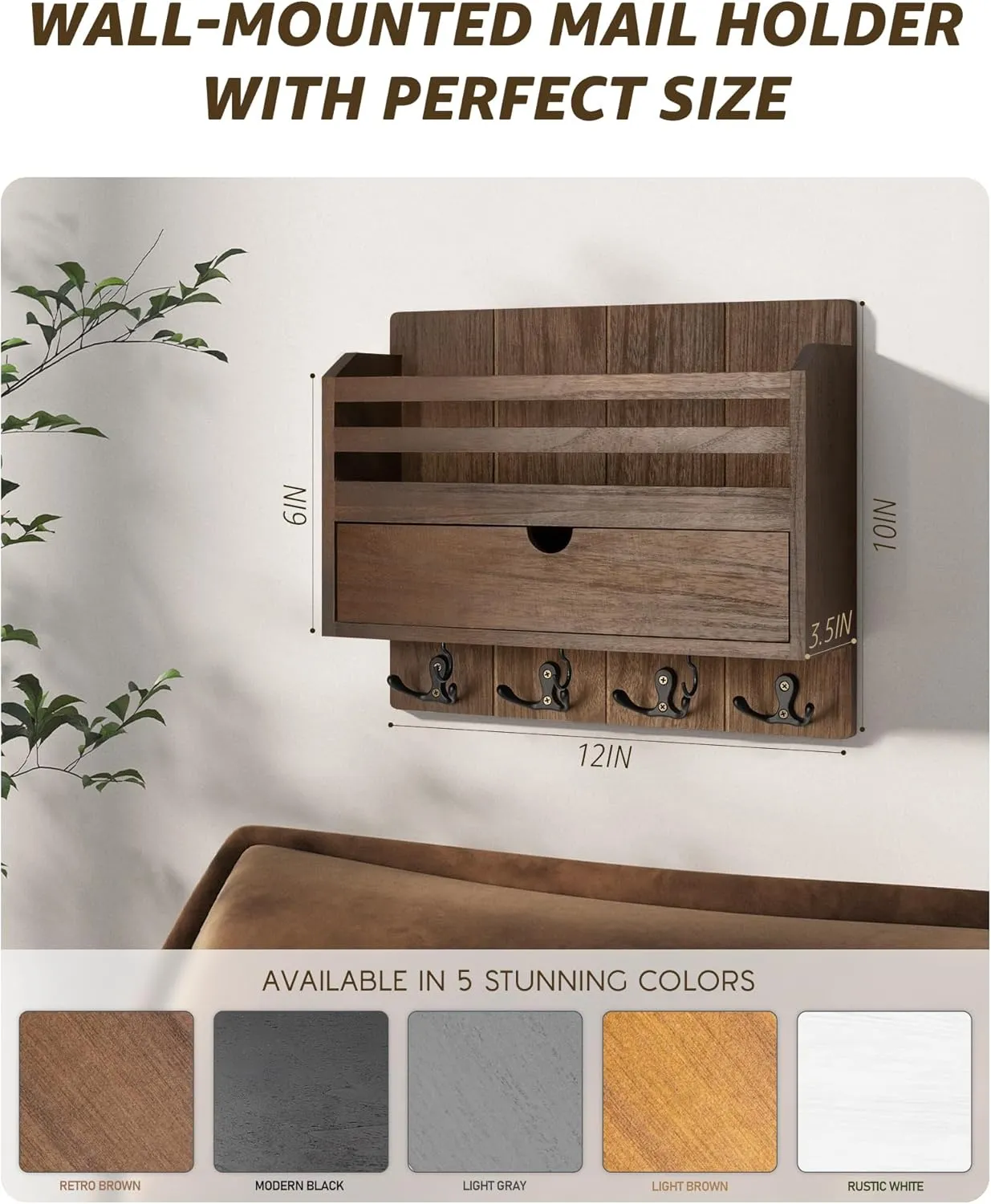 Rebee Vision Farmhouse Wood Mail Organizer Wall Mount - Key and Mail Holder for Wall with Storage Drawer and 7 Key Hooks - Rustic Home Decor for Entryway, Office and Garage (Retro Brown)