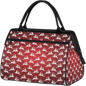Red Background Reindeer Print Travel Duffel Bag Sports Travel Duffel Bag Waterproof Durable Large Gym Tote Bag Weekender Overnight Bag for Women Travel Gym Yoga