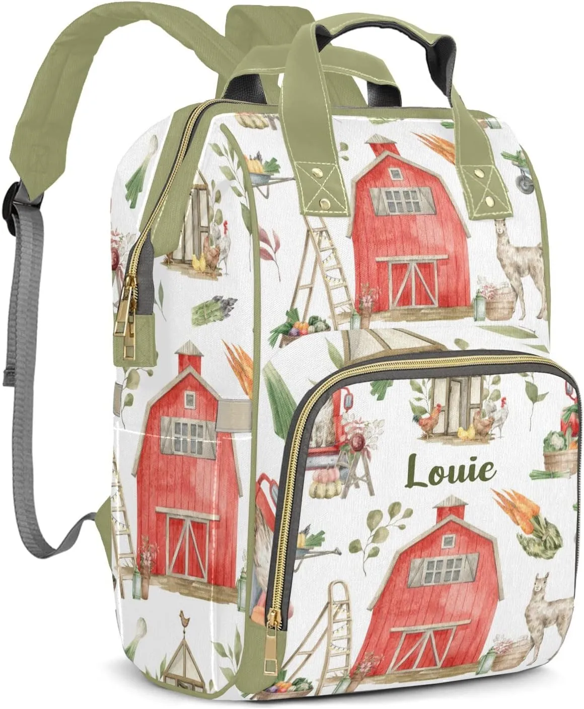 Red Car Farm Animals Llama Personalized Large Capacity Diaper Bags,Custom Name Backpack Casual Daypack Bag Nappy Bag Gifts
