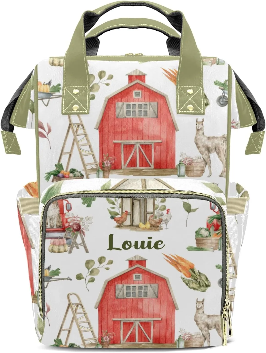 Red Car Farm Animals Llama Personalized Large Capacity Diaper Bags,Custom Name Backpack Casual Daypack Bag Nappy Bag Gifts